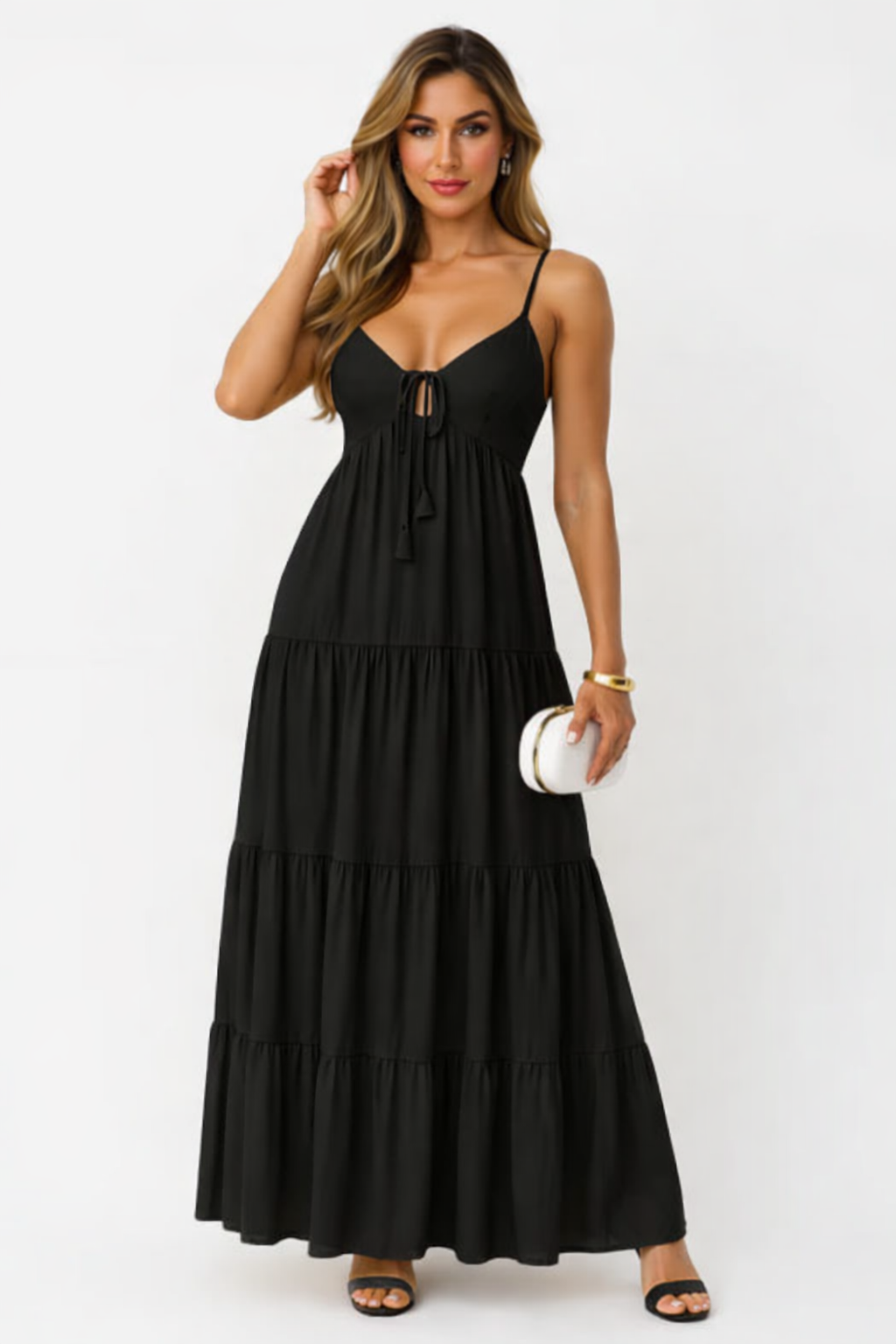 VESTIDO CHALYS LISO LARGO C/ TAZA Y BOLADOS TU