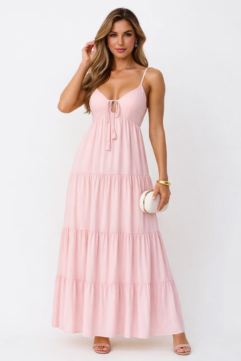 VESTIDO CHALYS LISO LARGO C/ TAZA Y BOLADOS TU